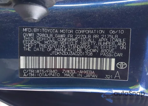 2010 Toyota Prius Ii from USA, damaged, VIN JTDKN3DU3A0201708